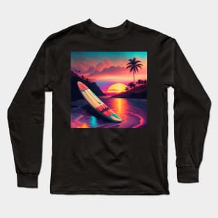 80s Style Hawaiian Surfing in a Beautiful Sunset Retro Vintage Travel Artwork Long Sleeve T-Shirt